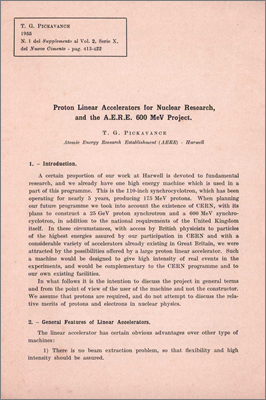 Proton Linear Accelerators for nuclear research and the AERE 600 MeV project (Paper by TG Pickavance published in Nuovo Cimento, 1955)