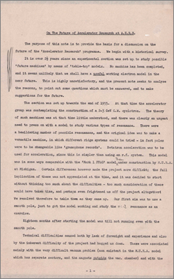 On the future of Accelerator Research at AERE (Paper by John Lawson concerning the accelerator research programme at Harwell, expressing frustration at the amateurish performance so far; 13 August 1958)
