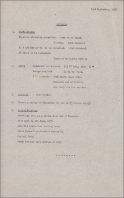 Note reporting on the status of the klystron (23 September 1958)