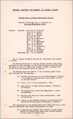 Minutes of Working Party on Future Accelerator Policy held in Liverpool (27 and 28 March 1960)