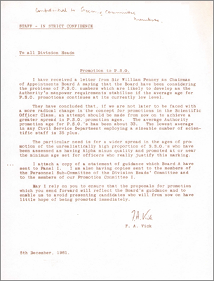 Correspondence and papers concerning future profile of PSO (Principle Scientific Officer) appointments (5 December 1961)