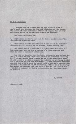 Data reduction for Bubble Chambers (Technical note and covering memo from Pickavance, 17 April 1962)