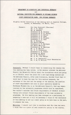 Slightly edited transcript of the Joint Consultative Panel for Nuclear Research meeting held at Imperial College to discuss plans for a new high energy machine at CERN and its impact on British science (6 March 1963)