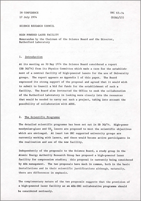 SRC 63-74 and P/AL/25 Memorandum by the Chairman of the Science Board and the Director, Rutherford Laboratory concerning the establishment of a central facility of high-powered lasers (17 July 1974)