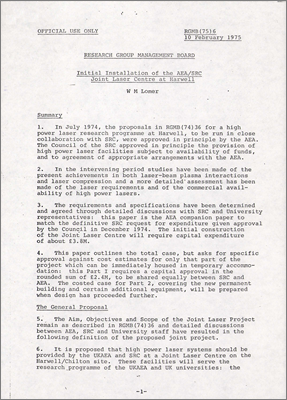 RGMB(75)6 Research Group Management Board paper by WM Lomer, Harwell on the initial installation of the AEA/SRC Joint Laser Centre at Harwell (10 February 1975)