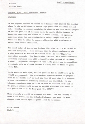 Staffing of Laser Project 1975/65 (Paper by LCW Hobbis, 21 February 1975)