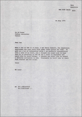 Letter from MW Lomer, Harwell to RS Pease, Culham concerning Brian Gaskett (24 July 1975)
