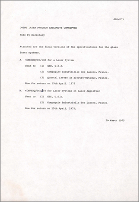 JLP-EC3 Specifications CON/ENQ/IC/148 for a Laser System and CON/ENQ/IC/154 for Laser Systems on Laser Amplifier (20 March 1975)