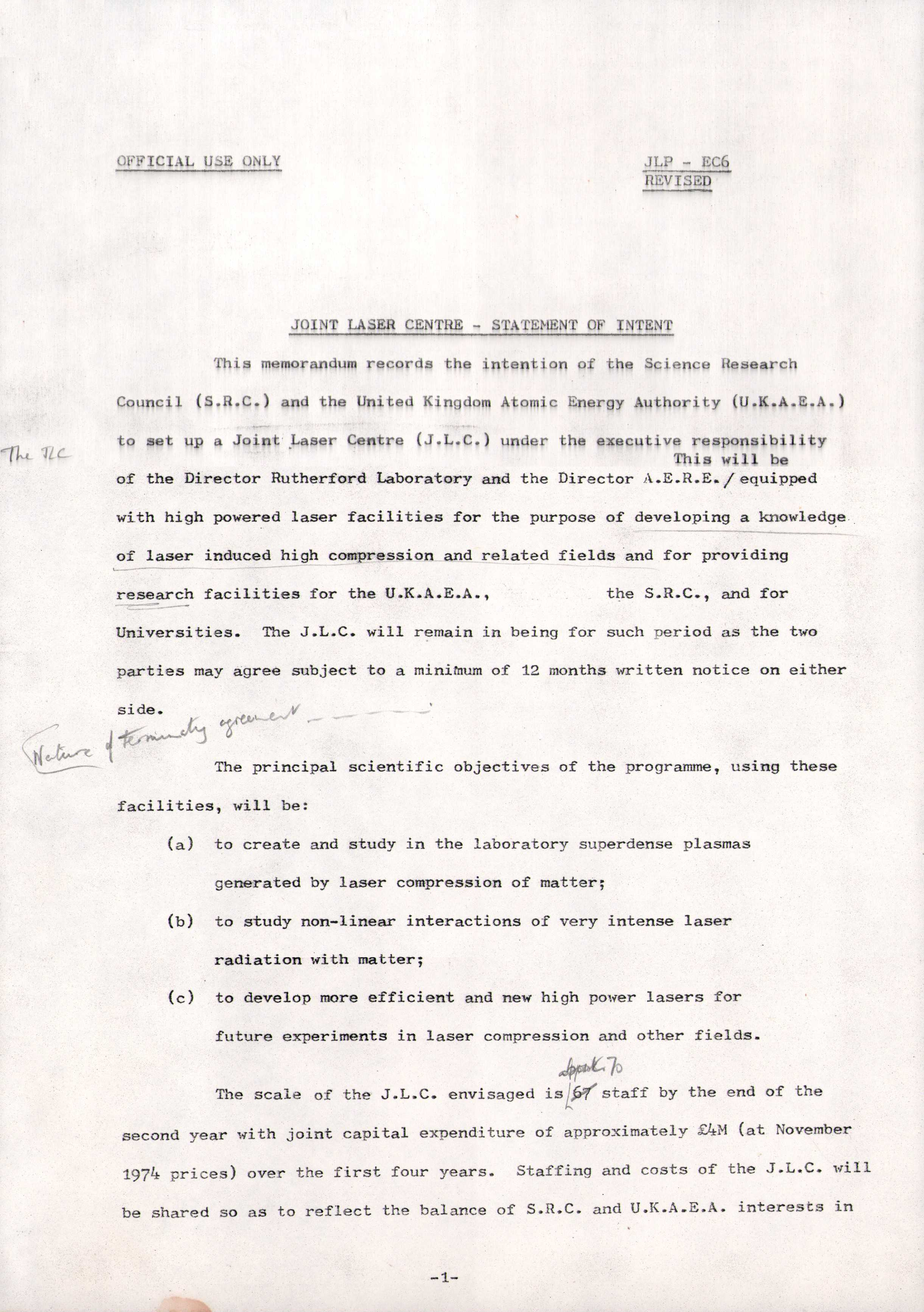 JLP-EC6 Joint Laser Project: Statement of intent, Revised version (JT Wright, 7 May 1975)