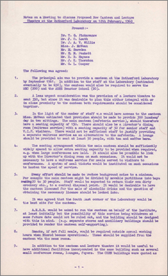Notes from a meeting to discuss proposed new Canteen and Lecture Theatre (estimate of staff numbers, siting in south-east corner of site, other rooms and facilities, 12 February 1960)