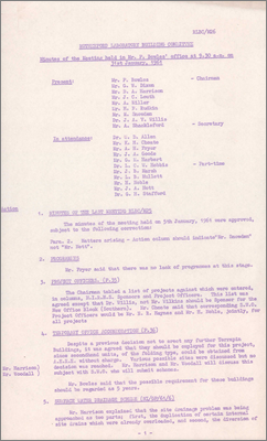 RLBC/M26 Temporary office accommodation, surface water drainage scheme, gas an water mains and the need to excavate through rock, clearance of spoil, R2 extension, heavy duty laboratory block, new office block, electricity proposals, plant store (31 January 1961)