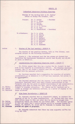 RLBC/M35 Accommodation for Industrial Chemistry Staff; site power distribution; PLA extension over budget; huts for maintenance contractors; Atlas computer building costs agreed; vapour receiver building agreed; many changes to Restaurant work (6 November 1961)