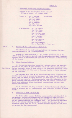 RLBC/M37 Atlas Computer Building estimates, extension to R18 but concerns over height of building, pruning down of PLA extension, clearance around R13 and R14, layout of grounds, site power distribution, Experimental Area extension, bus shelters, signs to be based on scheme at Winfrith on upper corners of buildings, new estimate for Lecture Theatre, 1 January 1962)