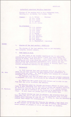 RLBC/M46 Modifications to roof of R24 which leaked during heavy rain; work on Restaurant has restarted, needs to be kept on-budget; working drawings of Lecture Theatre complete and will be put out to tender; phase I extension to R18 approved, no accommodation provided for transport section even though a separate building would be more expensive because of the shielding required against the PLA; provision of male toilets, mess room and locker room in the space between R8 and R10 agreed; sketch of site main entrance with police hut on the right upon entering rather than left; plans for siting of new Electronics Laboratories (1 October 1962)