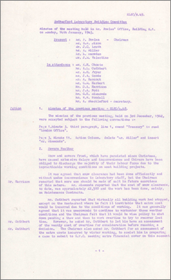RLBC/M49 Building work stopped de to snow and severe frost; issues installing telephones in new offices so plan to train craftsmen as telephone engineers (14 January 1963)