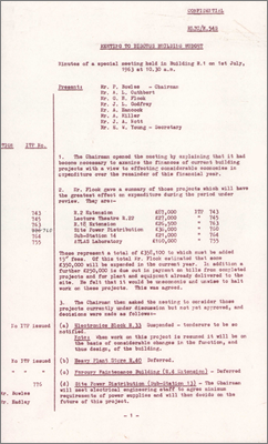 RLBC/M54S Special meeting to discuss building budget (some projects deferred/low priority; reduction of AERE clerical support staff which incur 140 percent overhead and construction staff on site, 1 July 1963)