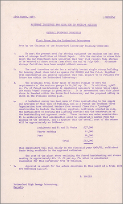 RLBC/P47 Plant Store for the Rutherford Laboratory (War Department is closing Didcot Depot so alternate storage facilities are required to house spares for PLA and Nimrod; estimated cost is 42,000 pounds; approval is sought. [This became R24] 28 March 1961)