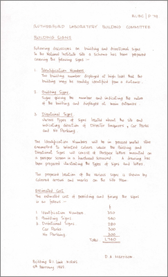 RLBC/P79 Building signs (Letter from RM Snadden, Senior Architect, Winfrith to D Harrison, R1: ID numbers will be pressed metal stove enamelled at 3 pounds each plus fixing, building signs will be Perspex letters on Perspex screen in a hardwood surround at 7 pounds each, directions signs will be similar to building signs but on steel posts, 31 January 1962)
