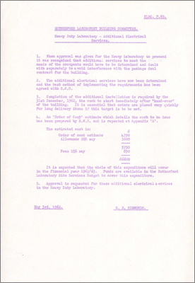 RLBC/P85 Heavy Duty Laboratory: Additional Electrical Services (3 May 1962)