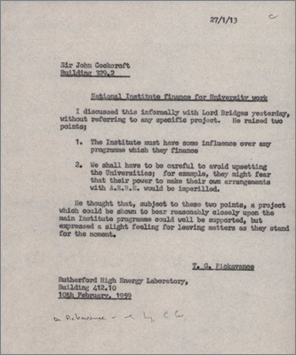 Letter to Sir John Cockcroft concerning funding for university work (10 February 1959)