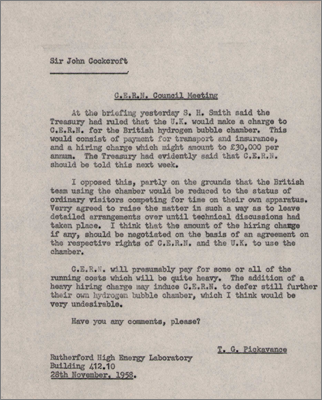 Letter to Sir John Cockcroft querying costs for the British Hydrogen Bubble Chamber following the CERN Council Meeting (28 November 1959)