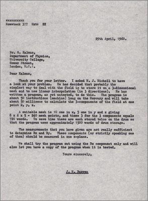 Letter to G Kalmus, University College from JW Burren concerning an analysis program on the Mercury (25 April 1960)