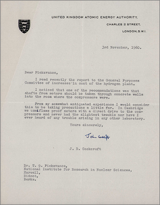 Letter from Sir John Cockcroft concerning motors for the hydrogen plant (3 November 1960)