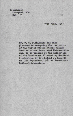 Note to US AEC accepting the invitation to the dedication of the Brookhaven Alternating Gradient Synchrotron on 13 September (19 June 1961)