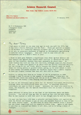 Letter from Sir Brian Flowers, SRC with news that NINA is to be closed down and Nimrod to continue, plus a possible move to Swindon of the London office (8 January 1973)