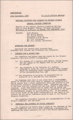 NI(GP)(57)1 Magnet yoke contract and press release, approval of future contracts, progress of 7 GeV machine (6 September 1957)