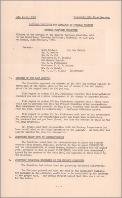 NI(GP)(58)1 Ferrite contract placed with Phillips, magnet yoke contract placed with Sankeys, quarterly financial statement, power supply, additional 10 foot earth shielding (24 February 1958)