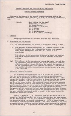 NI(GP)(58)4 Transfer of Coseners House from AEA to NIRNS, magnet power supply contract discussions with English Electric, quarterly financial statement and discussion of additional expenditures, extension to PLA building and use of concrete wall rather then earth shielding on south side, equipment for nuclear research on proton synchrotron, 100 pound entertainment allowance for the Director, control of expenditure, patents policy (22 July 1958)