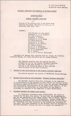 NI(GP)(59)3 Proposed contract for magnet pole pieces with English Electric Co, staffing proposals as consequence of AEA policy change paper 59/22, possible second site, university research reactors still under discussion, contract for Phase II buildings to go to Chivers as a second contractor would create intolerable confusion, tercentenary of Royal Society, housing for staff (29 July 1959)