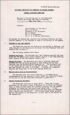 NI(GP)(60)2 Treasury approval for HLBC, beam handling plant and Orion computer, 34 houses proposed at Rush Common, new steam main 60/17, revised Nimrod plant estimate including increased costs of installation of magnet pole pieces between two vacuum chambers necessitating higher grade of labour than expected, increased cost preparing steel for pole pieces because difficulties acquiring steel of required uniformity so complete randomisation procedure necessary, increase in cost of development of vacuum chamber due to problems of developing new material on large scale and subject to heavy radiation so requires Treasury approval, proposed design study at Oxford for Helium Bubble Chamber HeBC, plan for Restaurant costed at 280 pounds per seat and 342 pounds including furniture etc, consideration for a licensed bar, approval of extension to PLA building (12 May 1960)