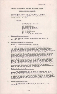 NI(GP)(60)3 Technical review of electronics contracts with AERE, financial statement indicates underspends on Nimrod and AERE services, staff complement was 424 on 30 September, purchase of limited number of houses for staff, proposal for heavy laboratory for testing magnets and high voltage separators etc, prototype of Nimrod vacuum chamber produced and production of eight outer chambers was about to start, contract for two Nimrod plunging mechanisms for 25,000 pounds to be awarded to Towler Bros, bubble chamber plant room (7 October 1960)
