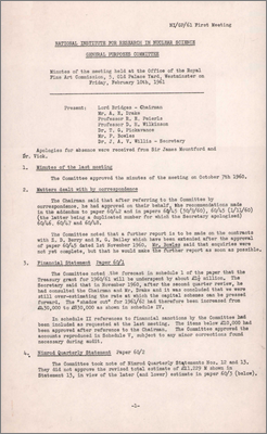 NI(GP)(61)1 Treasury Grant will be underspent by about 1.5M pounds, Marston Excelsior had made firm quotation of 1,200,000 pounds for complete vacuum vessel, Nimrod beam transport plant, electricity supply, surface water drainage required as AERE drain insufficient, extension to R2 to accommodate larger number of staff than had been planned for which cannot be a package deal because of the siting and adaption of adjoining building, proposal to put heavy labs to the south rather than as an extension to the Arcon building, need to level and provide roads to this new area of site, discussion of requirement for additional office space, approval for purchase of plots at Vineyard and in Newbury, Directors entertainment allowance increased to 500 pounds, use of Chemical Vapor Deposition CVD valves, plan for 24 houses at South Queensway, Didcot to be sent to Treasury (10 February 1961)