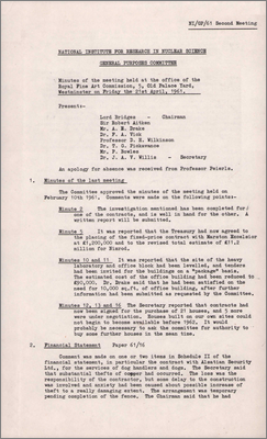 NI(GP)(61)2 Treasury approval of contract for 1,200,000 pounds to Marston Excelsior and revised total 11.2M pounds for Nimrod; site of heavy lab levelled, tenders invited, estimated cost 90,000 pounds; substantial thefts of copper reported so considering Alsatian Security Ltd, responsibility of loss is with contractor but fence to be completed; concern whether vacuum chamber work would go as planned and comments that substantial development work had been required from Laboratory staff; approval of centralised cooling system; Didcot depot closing so need for storage space on site and recommends Beecham Buildings tender; quality of road surface in car parks is unsatisfactory; extension to Control Room approved; proposal for parasitic area referred to Visiting Cttee (21 April 1961)