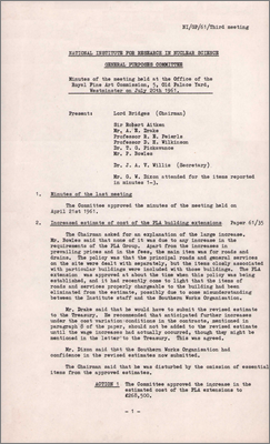 NI(GP)(61)3 Increase in cost of extension to PLA building due to omission of costing of roads etc; approval of tender for houses at South Queensway, Didcot; magnetic spectograph for PLA; Treasury approval for Atlas computer expected soon; approval in principle for 80 houses at Peach Croft, Abingdon (20 July 1961)