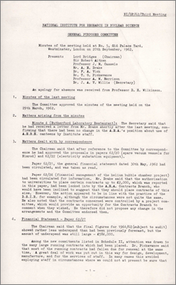 NI(GP)(62)3 Transfer of BHBC to NIRNS set to end of 1963; Treasury taking five-year forecasts more seriously; Electron Lab expenditure seemed very high because difficult to be accurate at this stage; increase in costs for HeBC; Five-year forecast and starting figure of 6.5M not yet approved by Treasury; argument to separate reactor from nuclear work; Wilkinson already written to Chairman re-emphasising that level of expenditure planned was seriously inadequate; Electron Lab progress, finding a site; proposal for Lecture Theatre as Cockcroft Hall frequently fully booked; plans for Chilton and Lime Tree Houses for university visitors but might be cheaper to extend Coseners House; proposal to extend R18 (20 September 1962)
