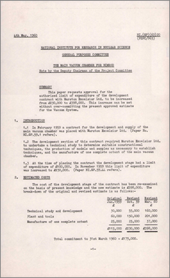 NI(GP)(60)20 also PSPC/P65 Main Vacuum Chamber for Nimrod (Includes summary of development work and itemised costs, 4 May 1960)