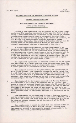 NI/GP/60/21 Multiple correlation recording equipment (Plessey Nucleonics Ltd data recording equipment, 2 May 1960)