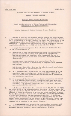 NI/GP/60/31 Pipes and valves for Hydrogen Bubble Chamber Services (Contract to be placed with IV Pressure Controllers Ltd, 16 August 1960)