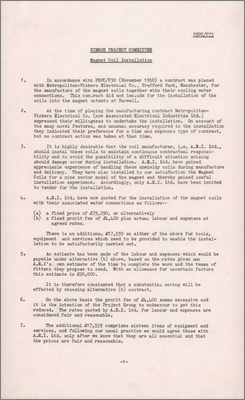 NI/GP/60/33 also PSPC/P73 Nimrod Magnet Coil Installation (Contract to be placed with AEI, previously known as Metropolitan Vickers, 22 and 30 August 1960)
