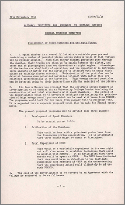 NI/GP/60/46 Development of Spark Chambers for use with Nimrod (30 November 1960)