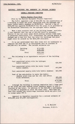 NI/GP/60/42 General Purposes Committee: Bubble Chamber Plant Room (19 September 1960)