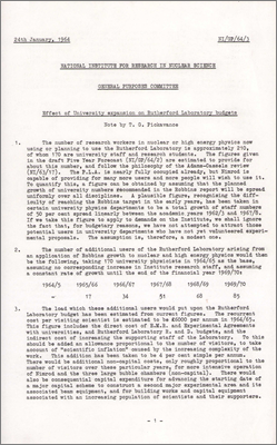 NI/GP/64/3 General Purposes Committee: Effect of university expansion on Rutherford Laboratory budgets (Pickavance, 24 January 1964)