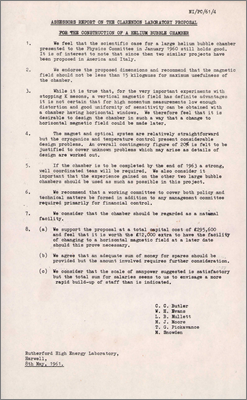 NI/PC/61/4 Assessors report on the Clarendon Laboratory proposal for the construction of a Helium Bubble Chamber (8 May 1961)