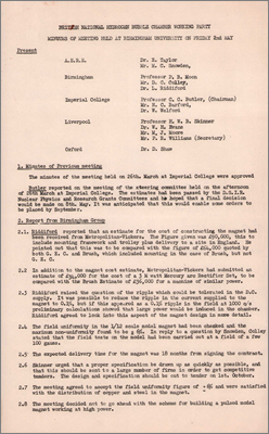Minutes of the British National Hydrogen Bubble Chamber Working Party at Birmingham University (2 May 1958); notes on auxiliary equipment (13 October 1958)