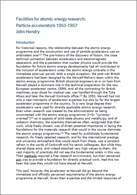 Facilities for atomic energy research particle accelerators 1953-1957 (John Hendry, transcript of handwritten note; references are in the handwritten version)