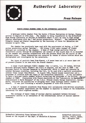 N-01-64 French Bubble Chamber comes to the Rutherford Laboratory (Press Release, 1964)